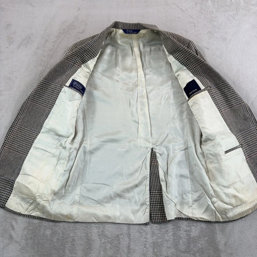 VTG Polo Ralph Lauren Blazer Jacket 42 Glen Check Silk Linen Wool 80s 90s USA